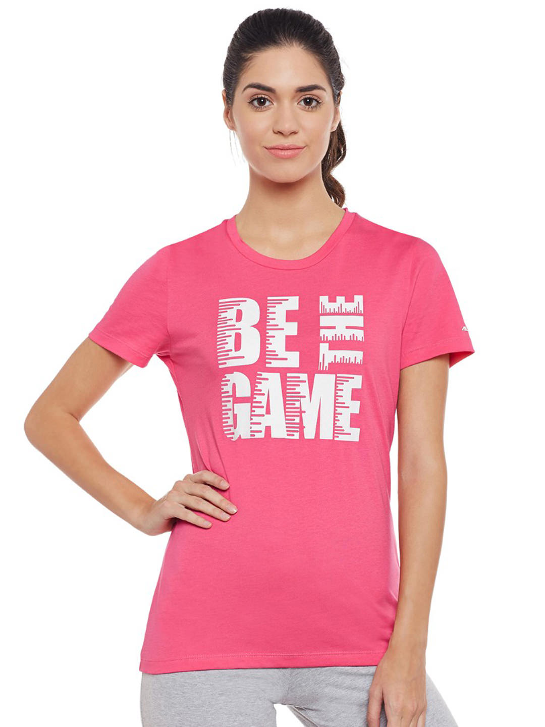 Alcis Women Pink Printed Slim Fit Round Neck T-shirt