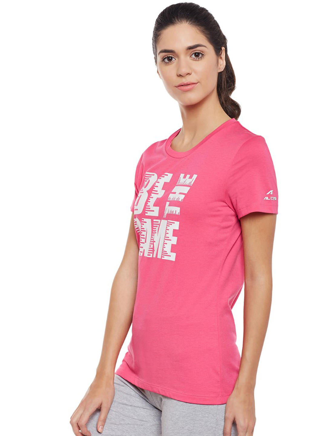 Alcis Women Pink Printed Slim Fit Round Neck T-shirt