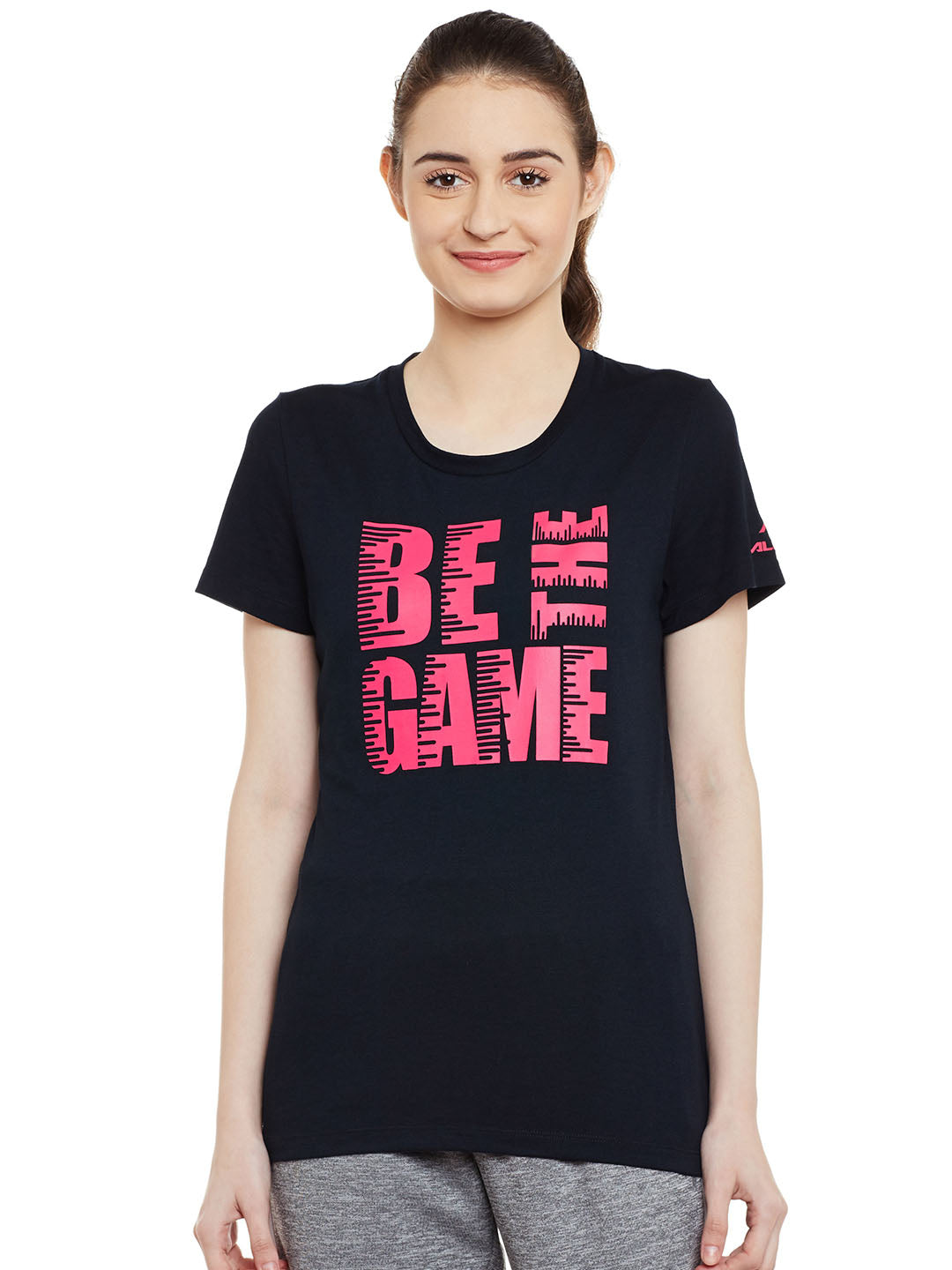 Alcis Women Black Printed Slim Fit Round Neck T-shirt