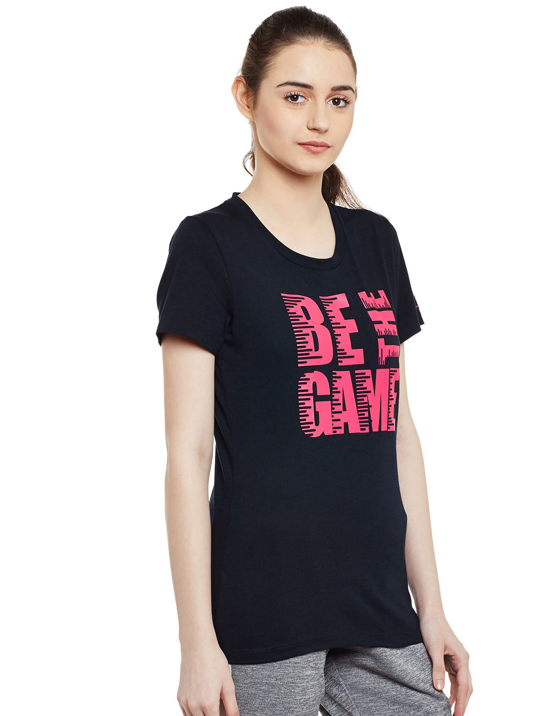 Alcis Women Black Printed Slim Fit Round Neck T-shirt