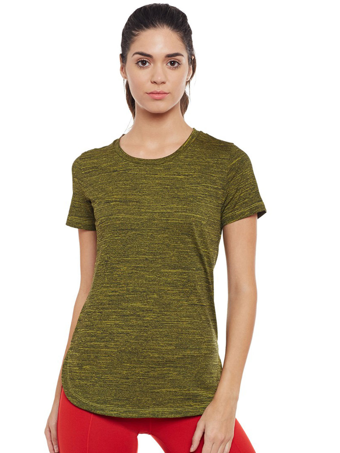 Alcis Women Olive Green Self-Design Slim Fit Round Neck T-shirt