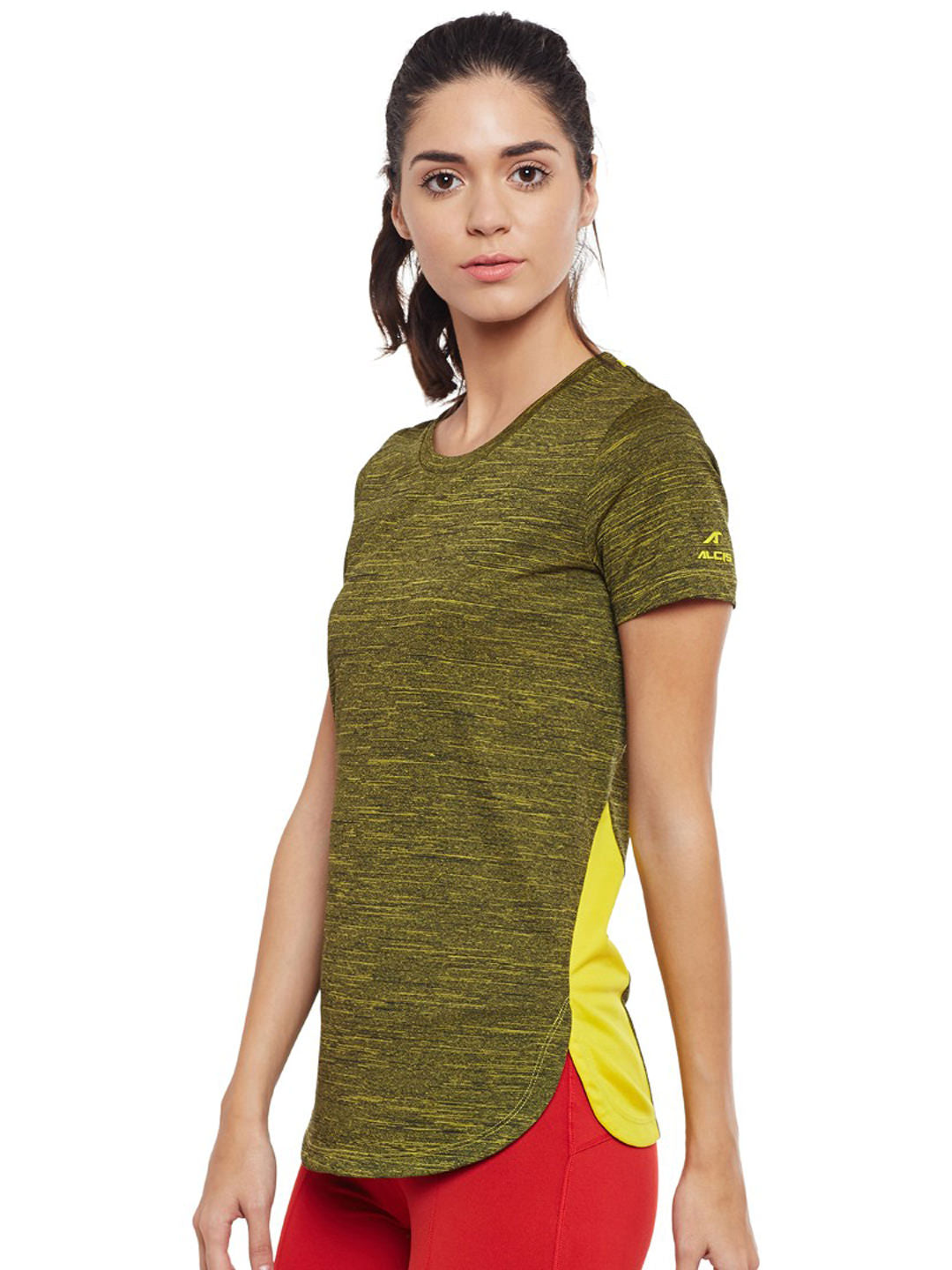 Alcis Women Olive Green Self-Design Slim Fit Round Neck T-shirt