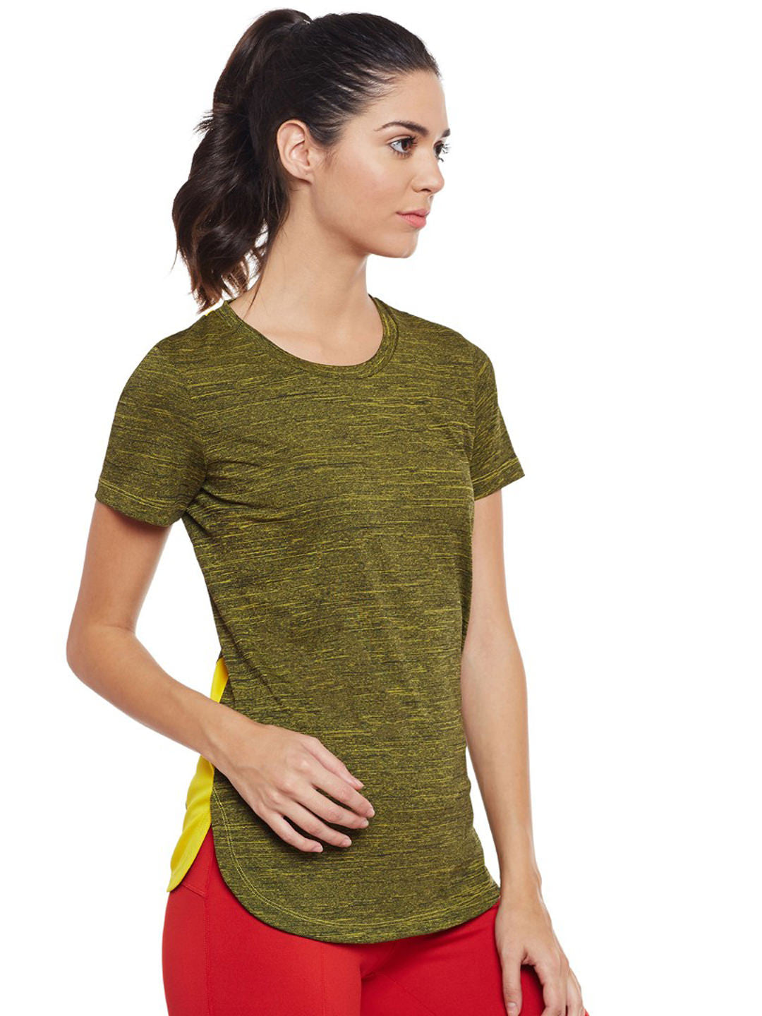 Alcis Women Olive Green Self-Design Slim Fit Round Neck T-shirt