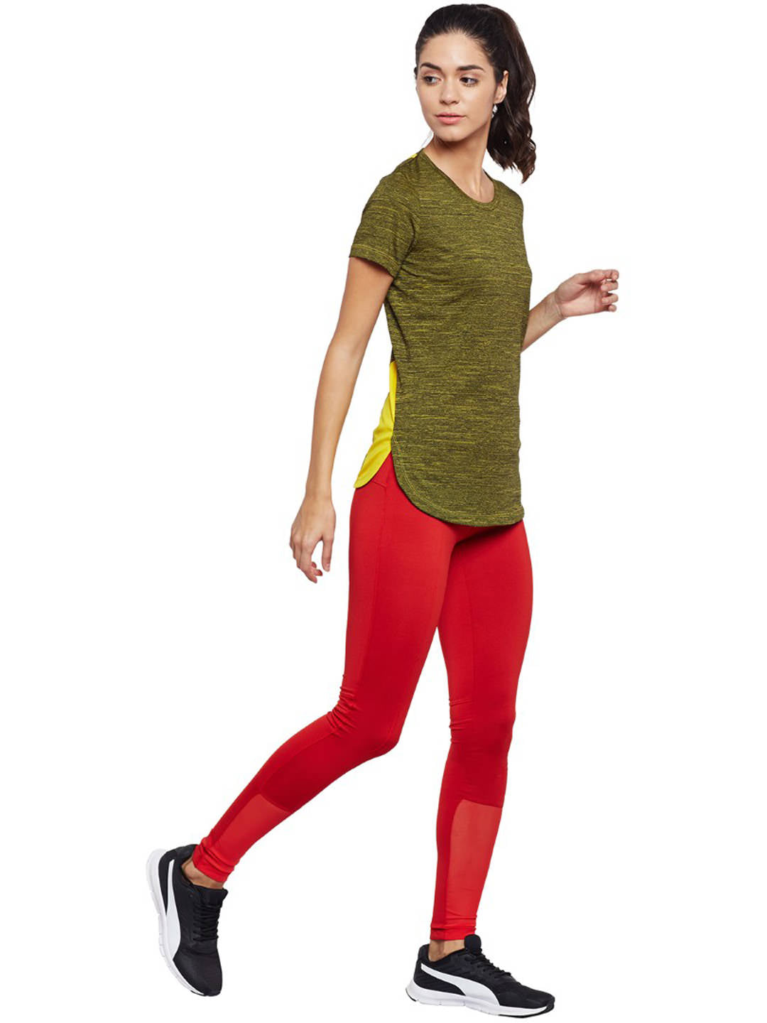 Alcis Women Olive Green Self-Design Slim Fit Round Neck T-shirt