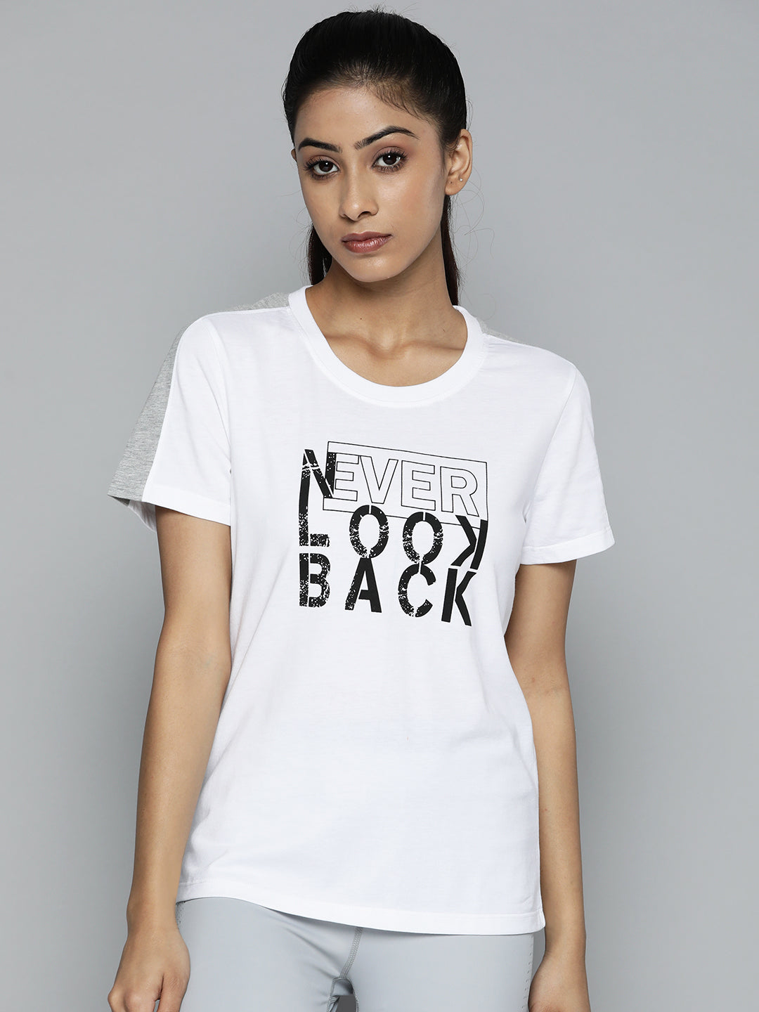 Women White & Black Typography Printed Slim Fit Training or Gym T-shirt