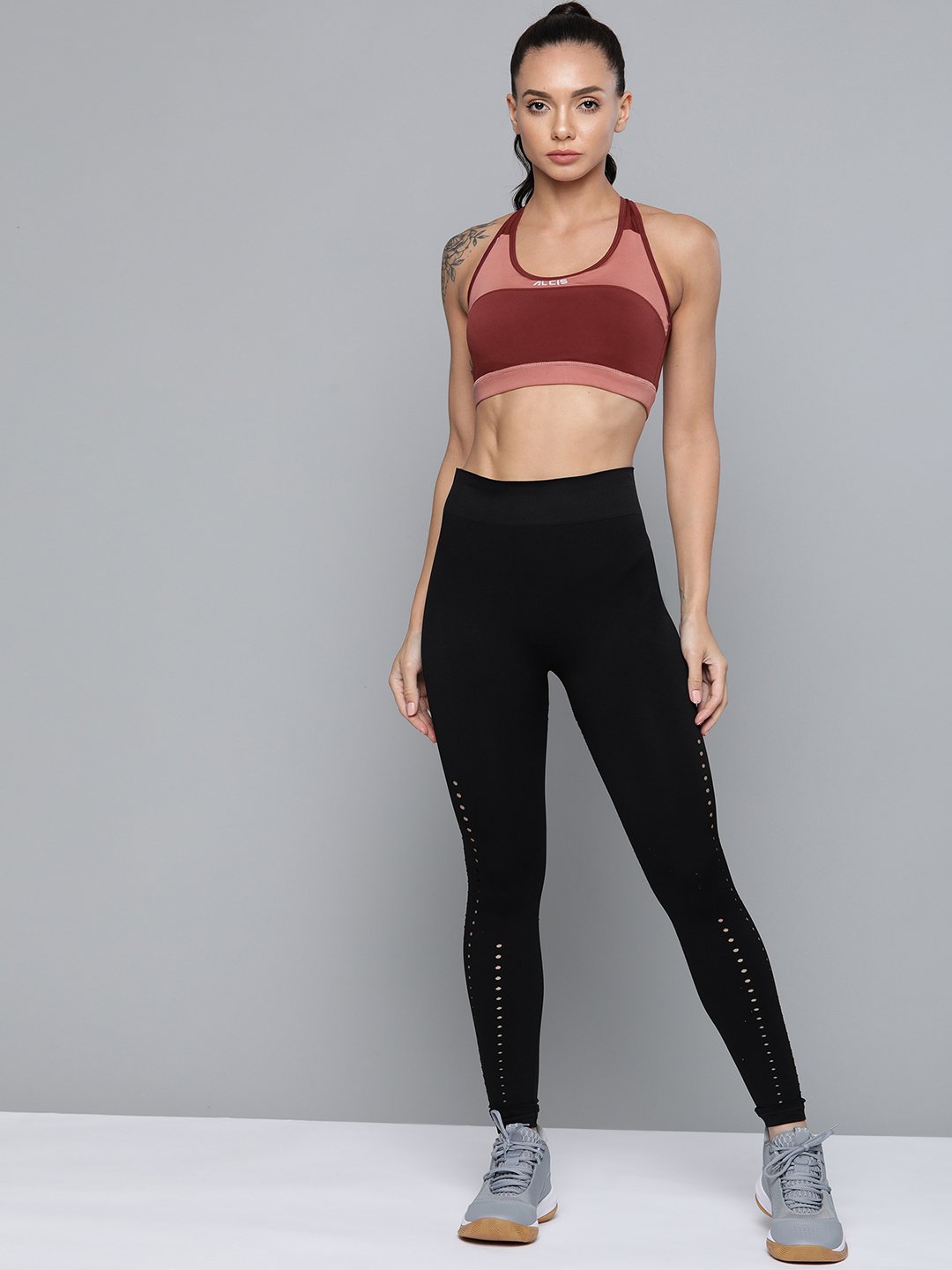 Alcis Burgundy Pink Colourblocked Workout Bra Full Coverage Lightly Padded