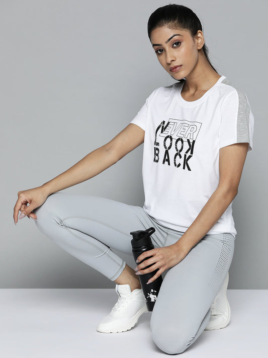 Women White & Black Typography Printed Slim Fit Training or Gym T-shirt