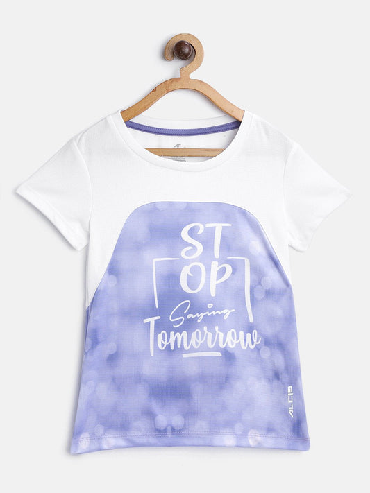Alcis Girls Purple White Printed Round Neck Running T-shirt