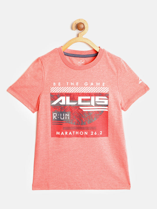 Alcis Boys Peach-Coloured & Red Brand Logo Print Round Neck T-shirt