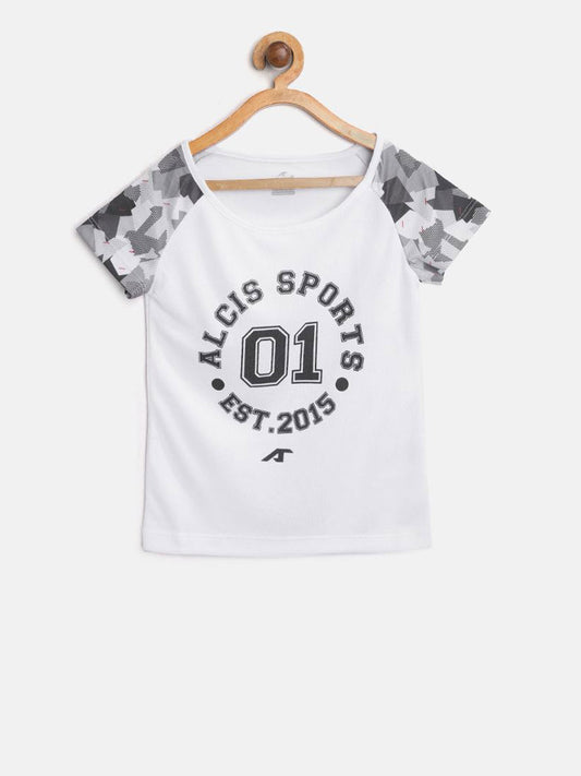 Alcis Girls White Printed Slim Fit Round Neck Training T-shirt