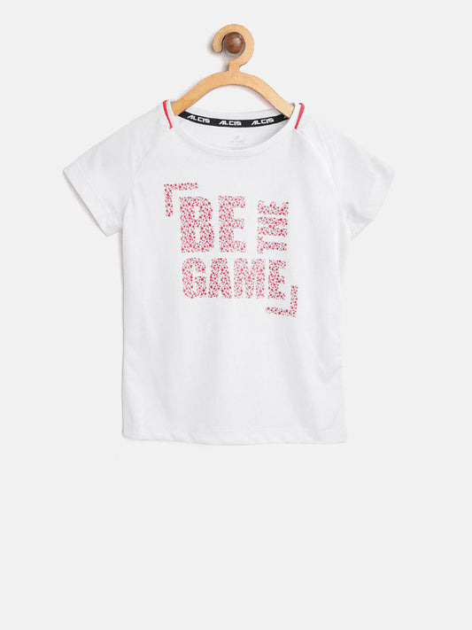 Alcis Girls White Printed Slim Fit Round Neck Training T-shirt